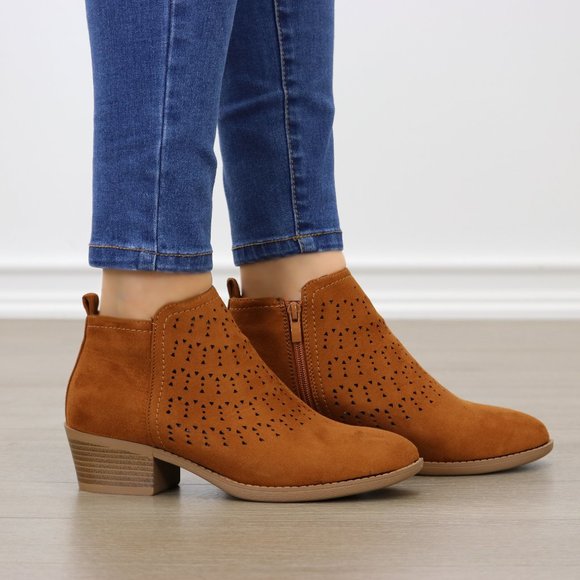 Shoes - Brown Suede Ankle Boots Laser cut Design Booties